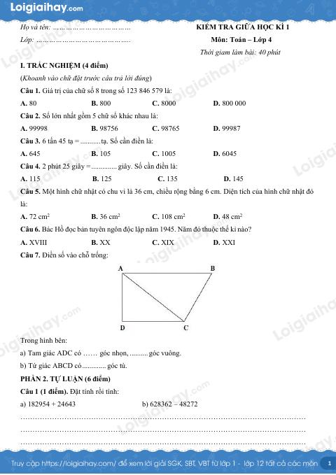Đề kiểm tra giữa kì 1 Toán 4 - Đề số 2